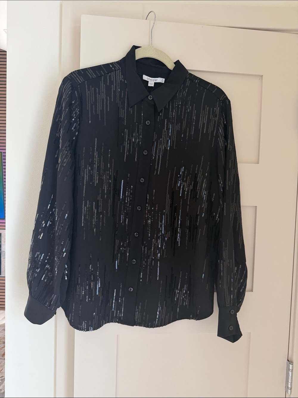 Chico’s Black Sequin-Trim Button-Up Shirt